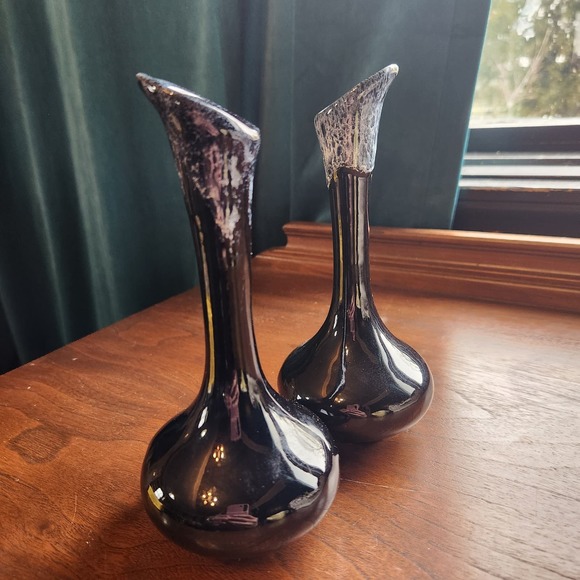 PAIR Van Briggle Pottery Bud Vases, Black w Drip glaze, glossy - Picture 2 of 7